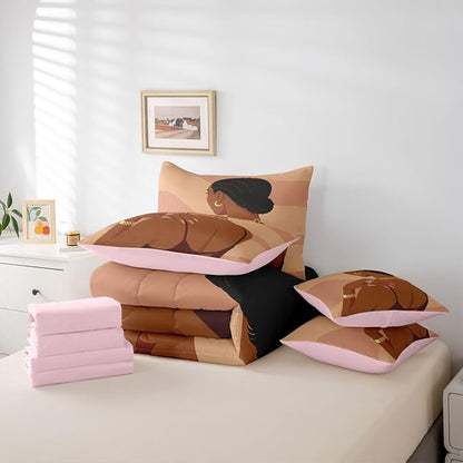 Fashion Black Woman Sheet Set With Comforter Queen Size Romantic Makeup Themed Girls 7 Piece Bedding Set Fashionable Gorgeous Comforter Sets Vogue Afro Girls Bed In A Bag For Kids Teens Adult Bedroom