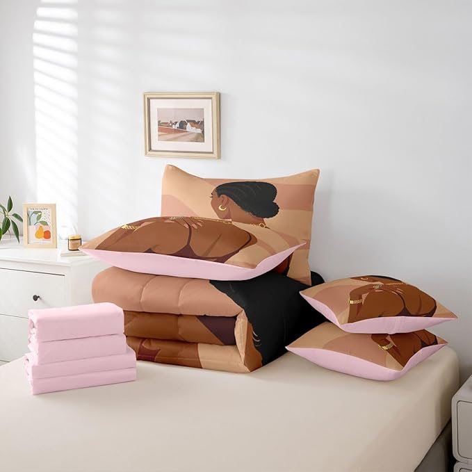 Fashion Black Woman Sheet Set With Comforter King Size Romantic Makeup Themed Girls 7 Piece Bedding Set Fashionable Gorgeous Comforter Sets Vogue Afro Girls Bed In A Bag For Kids Teens Adult Bedroom