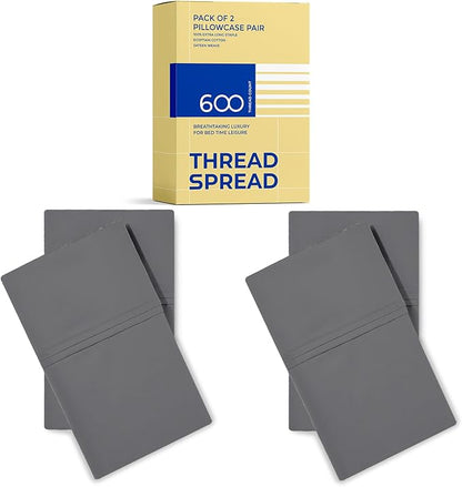 Thread Spread 100% Egyptian Cotton Pillow Cases Queen Size Set of 4 - Luxury 600 Series Bliss Collection Queen Pillow Cases (Pack of 2, Dark Grey), Hotel Cotton Pillowcases, Sateen Finish