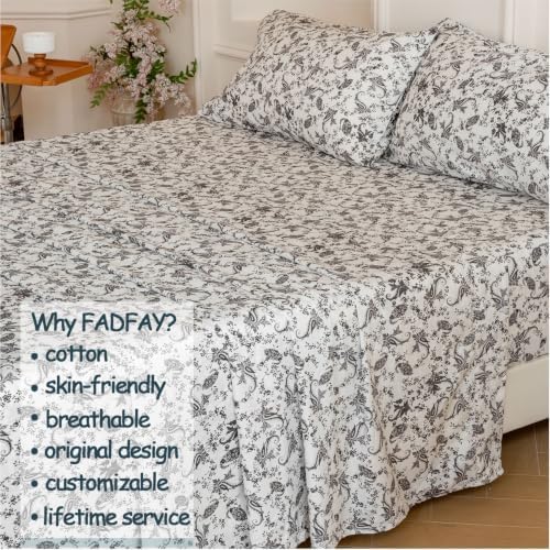 FADFAY 100% Cotton Full Sheet Set, Ivory Black Paisley Floral Bed Sheets