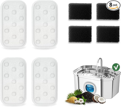 Cat Water Fountain 8 Pack Replacement Filters/Sponges (4+4) -Compatible with Apauk-APFSS-3201 Stainless Steel Cat Water Fountain