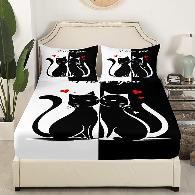 Cats Lovers Bed Sheet Queen Set,Cute Cat Valentine's Day Sheets Sets Boys Girls Bedroom Decor,Black and White Couples Bedding Set with Flat,Fitted Sheet,2 Pillow Cases