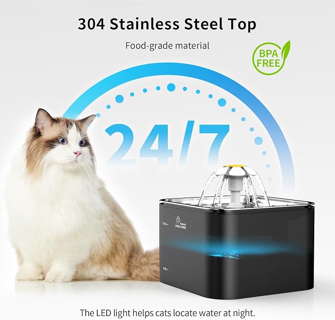 Wonder Creature Crystal Cat Water Fountain Stainless Steel Lid, 101oz/3L | Pet Fountain with Transparent Base, Quiet Pump, LED Indicator Light, Triple Filtration, 3 Flow Modes for Cats and Dogs