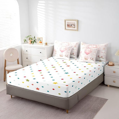Pink Floral Hot Air Balloon Comforter Set King Size,Cute Animal Rabbit Elephant Bed Set 7pcs with Comforter,Fitted Sheet,Flat Sheet,2 Pillowcases,2 Throw Pillow Covers,Butterfly Bedding Set