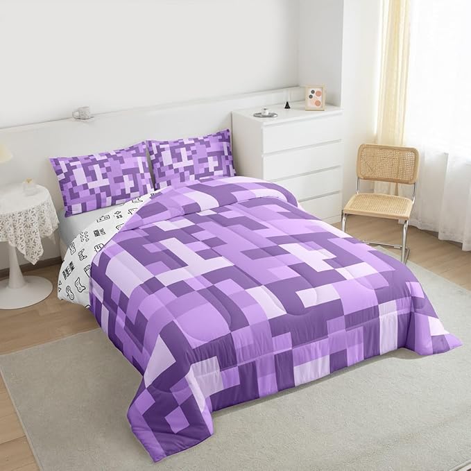 Pixel Grid Miners Comforter Set King Size,Video Games Plaid Lattice Kids Bedding Set,Geometric Check Quilt Comforter,Light Purple Duvet Insert,2 Pillowcases
