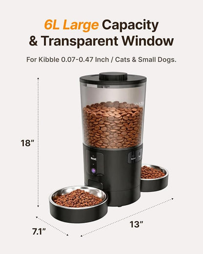 Dual-Camera Automatic Pet Feeder with 2 Bowls, 6L Smart Feeder for 2 Cats | 2K HD Video, App Control, Slow Feed Mode, Up to 20 Meals, 2-Way Audio, Night Vision, iOS/Android, Dry Food Only, Black
