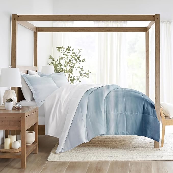 LINENS & HUTCH Comforter Set Patterned Microfiber All Season Down-Alternative Ultra Soft Bedding in Ocean Waves White - Full/Queen Ocean Waves White Light Blue