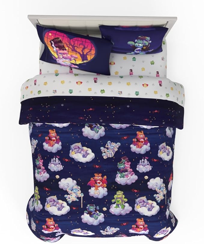 Care Bears x Universal Monsters Halloween Bedding 7 Piece Super Soft Cozy Reversible Comforter and Sheet Set with Sham, Full, (Officially Licensed Product) By Franco