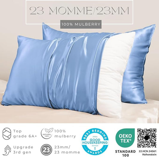PROMEED Real 23 Momme 100% Silk Pillowcase for Hair and Skin, Both Sides Cooling Premium Grade 6A+ Mulberry Silk Pillow Case with Zipper, 1pc (Standard 20"x26", Light Blue)