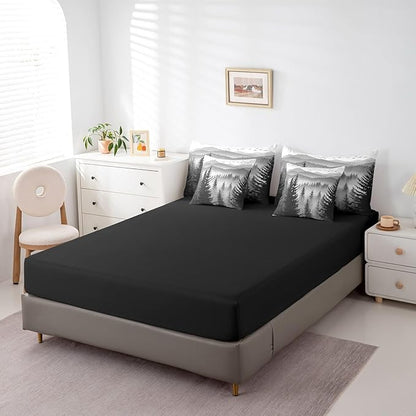 Erosebridal 7 Piece Black Grey Full Comforter Set with Sheets Smoky Mountain Forest Bed in A Bag Rustic Woodland Pine Trees Bedding Sets for Kids Boys Adults Men,Nature Landscape Bed Set