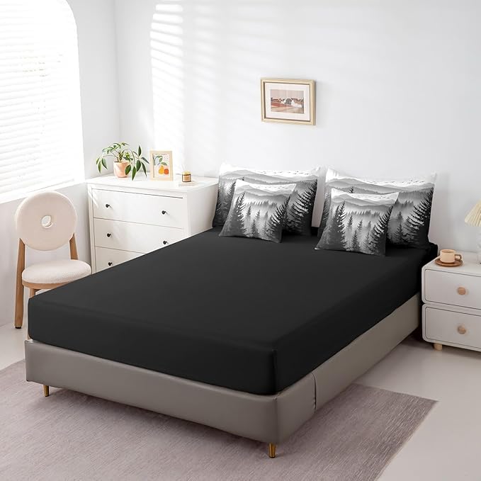 Erosebridal 7 Piece Black Grey Twin Comforter Set with Sheets Smoky Mountain Forest Bed in A Bag Rustic Woodland Pine Trees Bedding Sets for Kids Boys Adults Men,Nature Landscape Bed Set