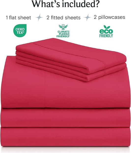 LuxClub 5 PC Sheet Set Bed Sheets Deep Pockets 16" Eco Friendly Wrinkle Free Cooling Machine Washable Hotel Bedding Silky Soft - Red Split King