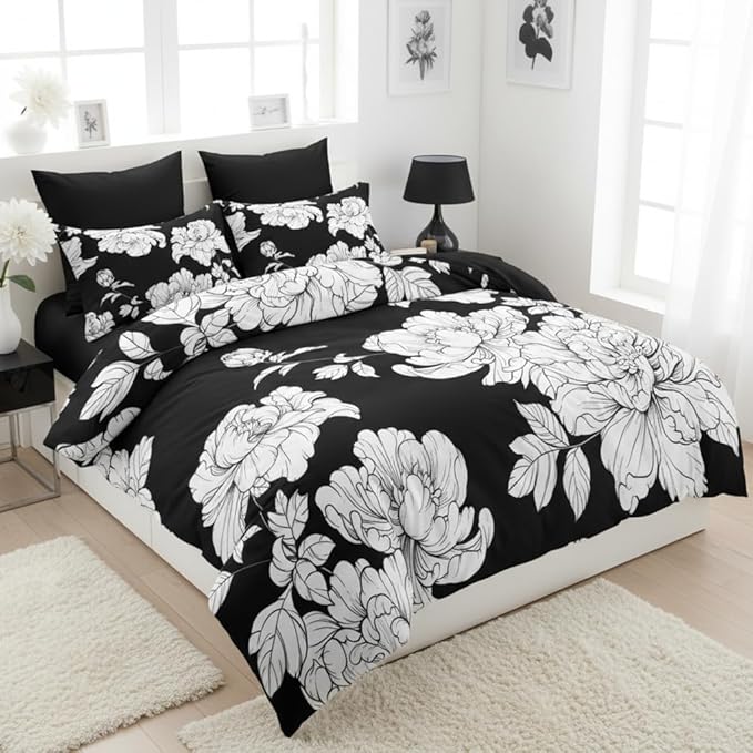 Black Floral Full Size Comforter Set, 3 Pieces Vintage Floral Bedding Set for Women Country Farmhouse Botanical Bedroom Decor Soft Fluffy Microfiber Quilt with 2 Pillowcases(79"x90")