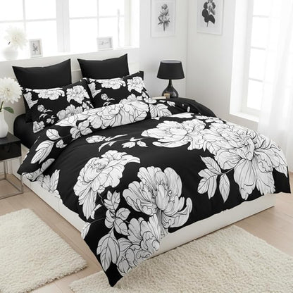 Black White Floral Comforter Set Queen Size, Modern Botanical Bedding Set for French Country Bedroom Decor, 3 Pcs Soft Fluffy Microfiber Quilt with 2 Pillowcases/90 x90