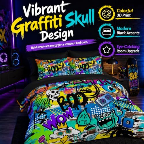 AILONEN Boys Kids Comforter Set Twin,7-Piece Cartoon Hip Hop Skull Bed in a Bag Printed Bedding Set,Colorful Graffiti Soft Comforter & Fitted Sheet & Flat Sheet & 2 Pillowcases,2 Pillow Shams,Black