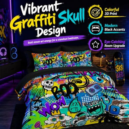 AILONEN Boys Kids Comforter Set Queen,7-Piece Cartoon Hip Hop Skull Bed in a Bag Printed Bedding Set,Colorful Graffiti Soft Comforter & Fitted Sheet & Flat Sheet & 2 Pillowcases,2 Pillow Shams,Black
