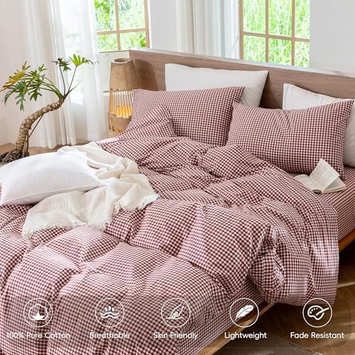 MooMee Gingham Duvet Cover Set 100% Washed Cotton Linen Like