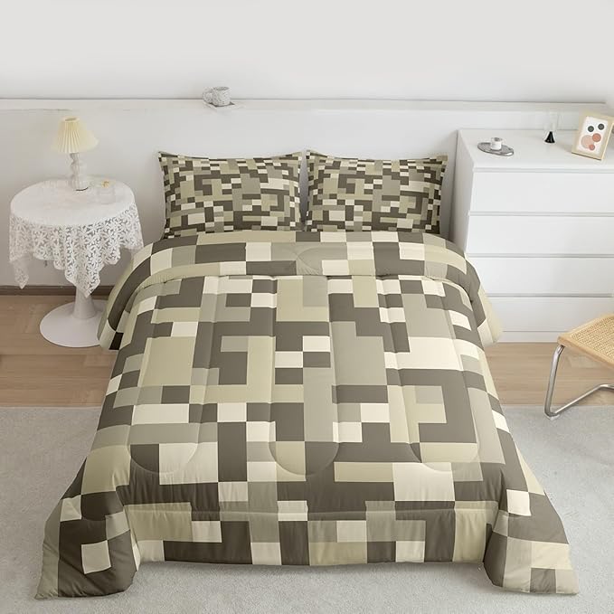 Pixelated Miners Blocks Kids Bedding Set King Size,Patchwork Square Video Games Comforter Set,Geometric Patchwork Grid Quilt Comforter,Light Gray Bedroom Duvet Insert,2 Pillowcases