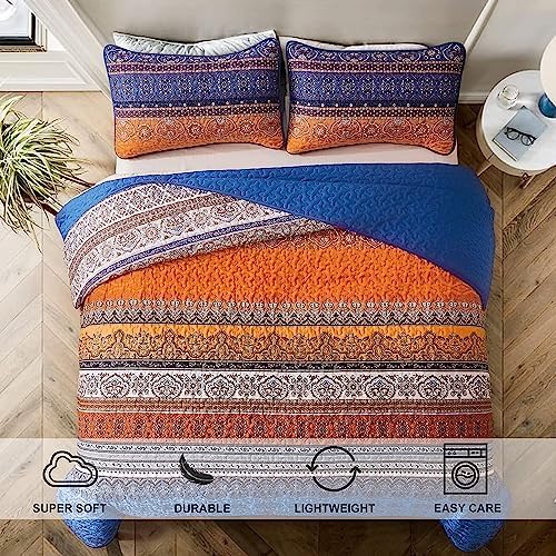 WONGS BEDDING Boho Full Quilt Bedding Set, 3 Pieces Bedspread, Blue Orange