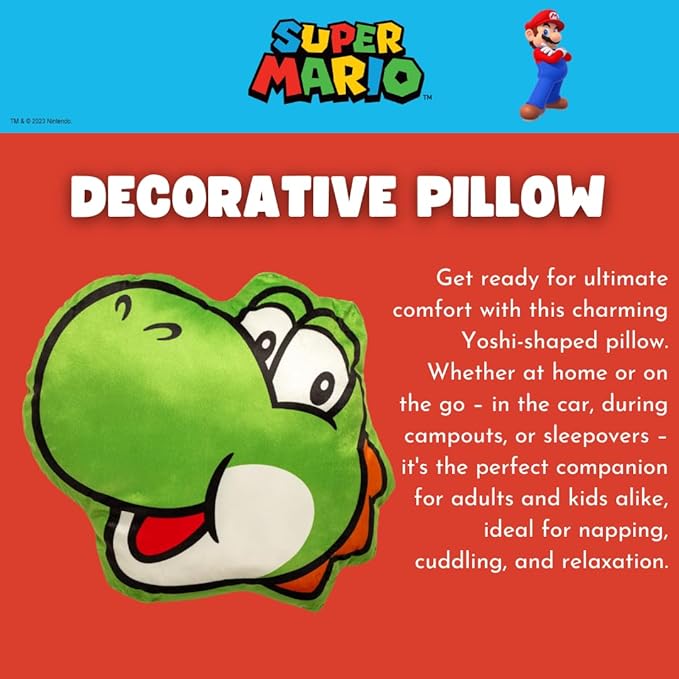 Nintendo Super Mario Yoshi Gaming Bedding Super Soft Plush Decorative Pillow, One Size, (Officially Licensed Product) By Franco