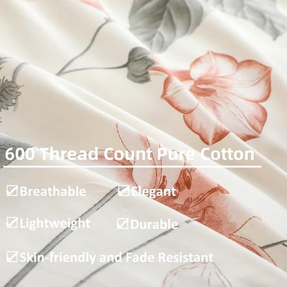 OAITE Duvet Cover Set Queen Size Floral Pattern 600 Thread Count Ultra Soft 100% Long Staple Cotton Duvet Cover Sets 3-PC, Breathable Duvet Cover with Zipper Closure & Corner Ties