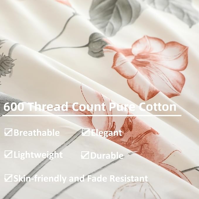 OAITE Duvet Cover Set Twin Size Floral Pattern 600 Thread Count Ultra Soft 100% Long Staple Cotton Duvet Cover Sets 3-PC, Breathable Duvet Cover with Zipper Closure & Corner Ties