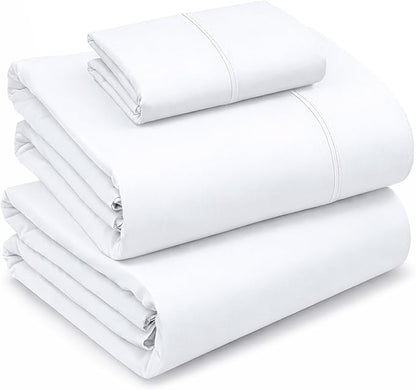 RUVANTI 100% Cotton Sheets – Twin Size Percale Bedding, Cooling & Breathable, Durable with a Crisp, Soft & Comfortable Feel, 16" Deep Pocket, 3-Piece Set, Bright White
