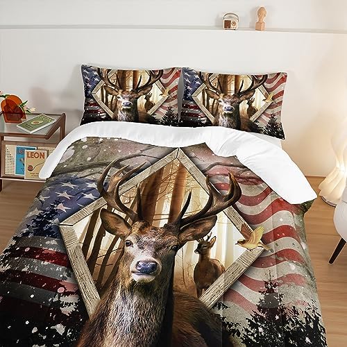 HOSIMA Hunting Bedding Sets 3Pcs Deer Comforter with 2 Pillowcases,Western Farmhouse Animal Hunting Stars Stripes USA Flag King Size Comforter Set for Teen Boys Mens Bedroom Essentials.