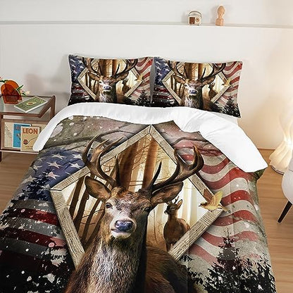HOSIMA Hunting Bedding Sets 3Pcs Deer Comforter with 2 Pillowcases,Western Farmhouse Animal Hunting Stars Stripes USA Flag King Size Comforter Set for Teen Boys Mens Bedroom Essentials.
