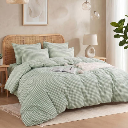 NEXHOME PRO Green Gingham Duvet Cover King, 100% Washed Cotton Like Linen Feel Organic Natural Bedding Set 3 Piece Sage Vintage Plaid Checkered Comforter Cover Set (No Comforter) 10490