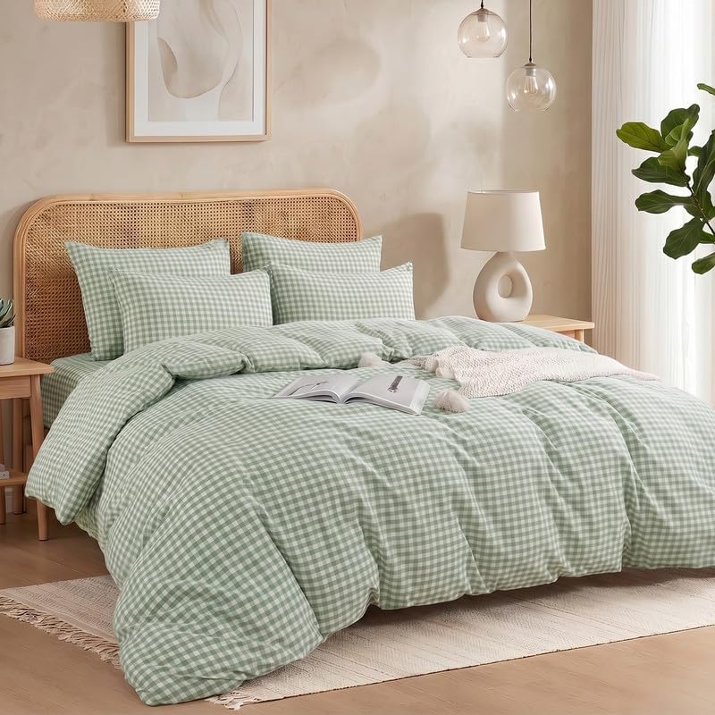 NEXHOME PRO Green Gingham Duvet Cover Twin, 100% Washed Cotton Like Linen Feel Organic Natural Bedding Set 3 Piece Sage Vintage Plaid Checkered Comforter Cover Set (No Comforter) 6890