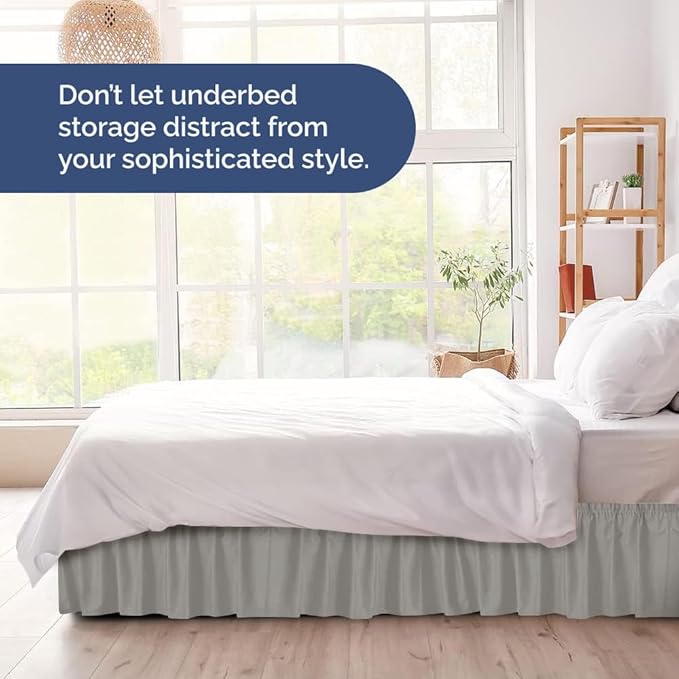 Wrap Around Dust Ruffle Bed Skirt - Light Grey - for Queen Size Beds with 15 Inch Drop - Elastic Strap - Adjustable Pleated Bedskirt with Brushed Fabric and Wrinkle Free - For Women, Men, Kids & Teens