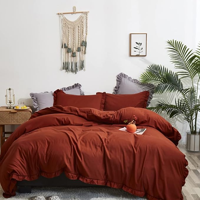 CLOTHKNOW Terracotta Ruffles California King Comforter Set 3Pcs Rust Farmhouse Bedding Comforter Sets Burnt Orange Comforter Soft Shabby Chic Comforter Vintage Rustic Bedding Sets
