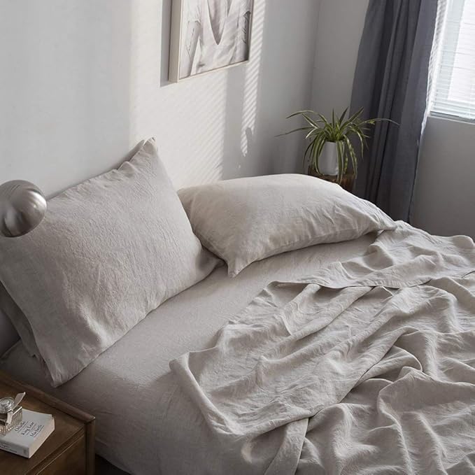 Simple&Opulence 100% French Linen Pillowcase King Size-Set of 2- Washed Solid Color Pillow Cases Embroidered -Soft and Durable (Linen, 20''x40'')