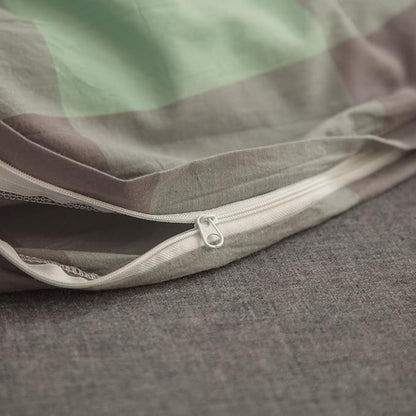 FACE TWO FACE Bedding Duvet Cover Set100% Washed Cotton Duvet Cover Linen Like Textured Breathable Durable Soft Comfy (King, Light Green Grid)