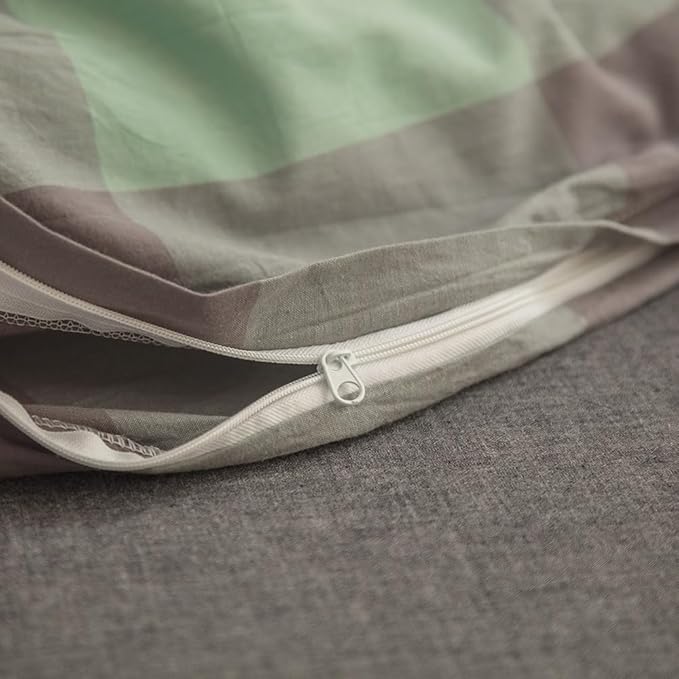 FACE TWO FACE Bedding Duvet Cover Set100% Washed Cotton Duvet Cover Linen Like Textured Breathable Durable Soft Comfy (Queen, Light Green Grid)