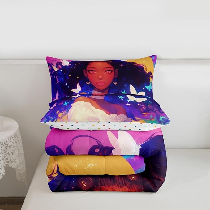 Erosebridal Black Princess Bedding Sets American Afro-Girl Comforter Set Moon Galaxy Girl Butterfly Decorations Bedding King