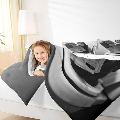 Erosebridal Cat Quilt Insert Queen Size Kawaii Kitten Bedding Set for Kids Boys Girls Newspaper Reading Cute 3D Black Grey White Comforter Warm Soft Comforter Set