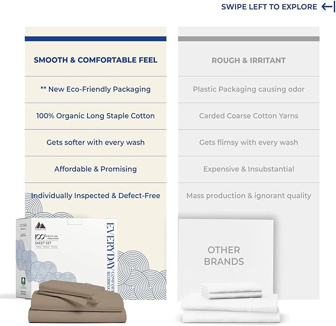 Mayfair Linen 100% Organic Cotton Sheets Queen Size - 4 PC Organic Cotton Queen Size Percale Weave Sheet Set, Soft, Cooling, Crisp & Breathable, 16" Deep Pocket Hotel Quality Bedding Set - Taupe