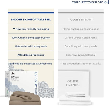 Mayfair Linen 100% Organic Cotton Sheets Queen Size - 4 PC Organic Cotton Queen Size Percale Weave Sheet Set, Soft, Cooling, Crisp & Breathable, 16" Deep Pocket Hotel Quality Bedding Set - Taupe