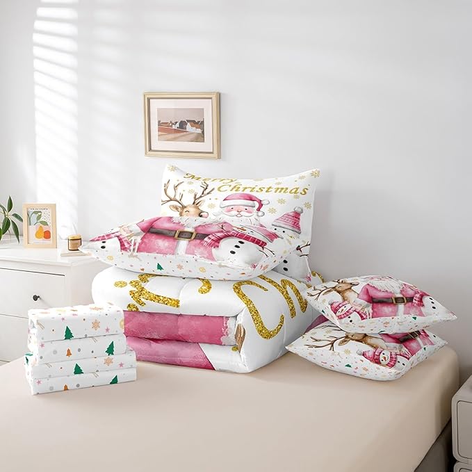 Castle Fairy Cute Santa Claus 7 Pieces Bedding Set Queen Bed in a Bag,Winter Snowman Deer Watercolor Christmas Theme Comforter Set,Geometric Snowflakes Gold Print Soft Warm Microfiber Bedding