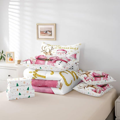 Castle Fairy Cute Santa Claus 7 Pieces Bedding Set Full Bed in a Bag,Winter Snowman Deer Watercolor Christmas Theme Comforter Set,Geometric Snowflakes Gold Print Soft Warm Microfiber Bedding