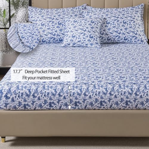 FADFAY Blue Toile Sheets Set Cal King French Country Farmhouse Bedding Vintage Butterfly Floral Bedding 100% Egyptian Cotton Soft Sheet Set with Deep Pocket Fitted Sheet 4Pcs, California King Size