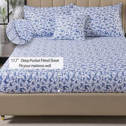 FADFAY Blue Toile Sheets Set Cal King French Country Farmhouse Bedding Vintage Butterfly Floral Bedding 100% Egyptian Cotton Soft Sheet Set with Deep Pocket Fitted Sheet 4Pcs, California King Size