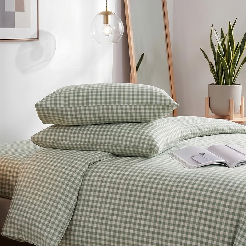 NEXHOME PRO Green Gingham Duvet Cover Queen, 100% Washed Cotton Like Linen Feel Organic Natural Bedding Set 3 Piece Sage Vintage Plaid Checkered Comforter Cover Set (No Comforter) 9090