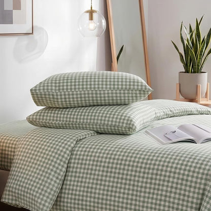 NEXHOME PRO Green Gingham Duvet Cover King, 100% Washed Cotton Like Linen Feel Organic Natural Bedding Set 3 Piece Sage Vintage Plaid Checkered Comforter Cover Set (No Comforter) 10490