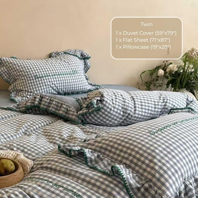 CRUSHIMO Morning Mist Gingham Washed Cotton Duvet Cover Set - Shabby Chic Gingham Plaid Bedding with Ruffle Trim & Triangle Stitching - Ultra Soft Breathable Comforter Cover (Sea Salt Blue, Twin)