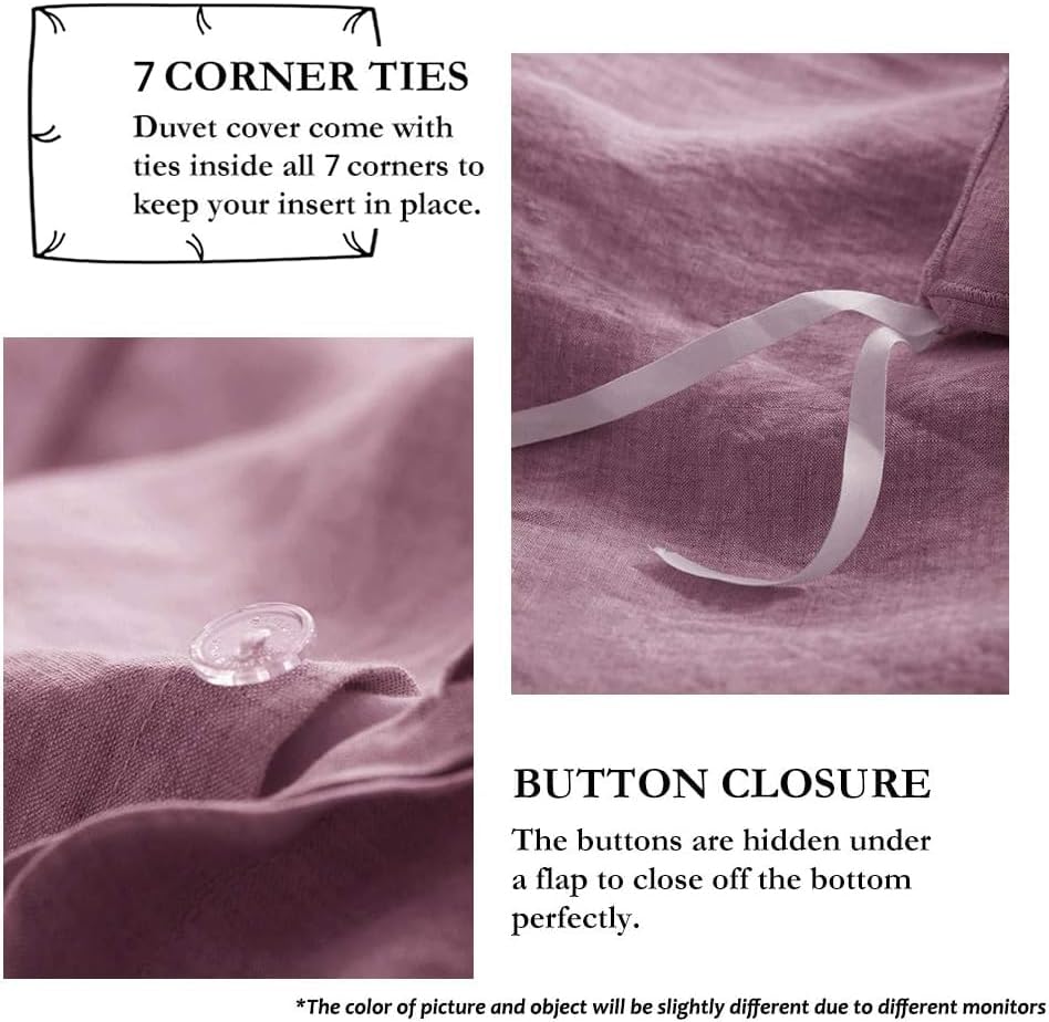 Simple&Opulence 100% Linen Duvet Cover Set with Embroidery Border Washed - 3 Pieces (1 Duvet Cover with 2 Pillow Shams) with Button Closure Soft Breathable Farmhouse - Purple, Queen Size
