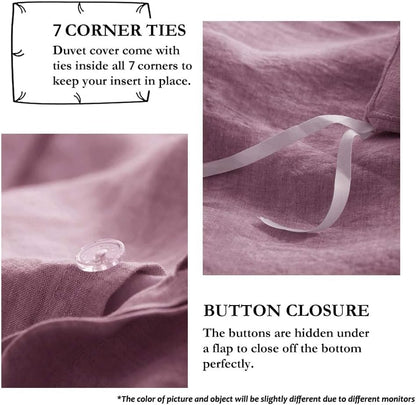Simple&Opulence 100% Linen Duvet Cover Set with Embroidery Border Washed - 3 Pieces (1 Duvet Cover with 2 Pillow Shams) with Button Closure Soft Breathable Farmhouse - Purple, Queen Size