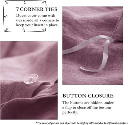 Simple&Opulence 100% Linen Duvet Cover Set with Embroidery Border Washed - 3 Pieces (1 Duvet Cover with 2 Pillow Shams) with Button Closure Soft Breathable Farmhouse - Purple, Queen Size